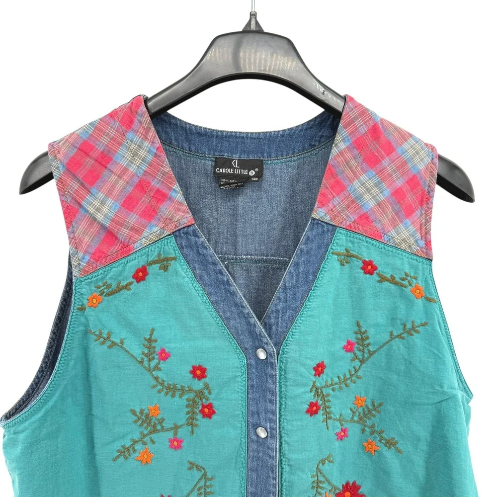 Vtg. Y2K Carole Little Floral Embroidered Denim Vest Western‎ Plaid Womens 14W